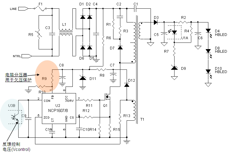 圖4:基于NCP1607/8 PFC控制器的8 W-25 W AC-DC LED照明應用示意圖