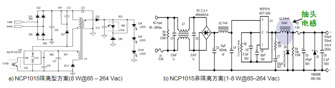圖1:基于安森美半導體NCP1015的1至8 W隔離型(a)及非隔離型(b) LED照明方案