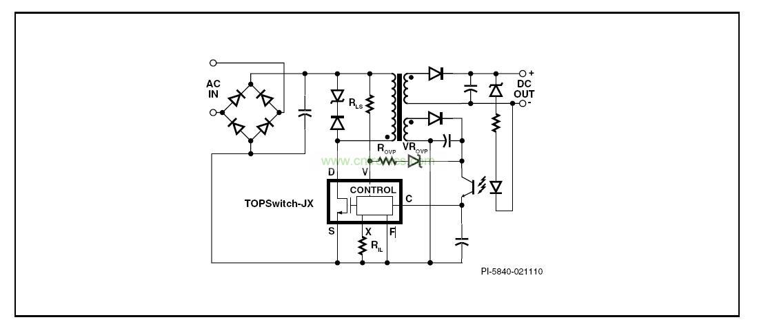 圖 1. 具有初級檢測的輸出過壓保護、輸入欠壓鎖存、輸入過壓關斷及可設定流限值功能的典型TOPSwitch-JX反激式電源
