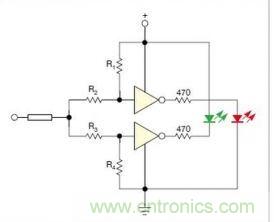 在雙門構成的CMOS/TTL兼容探頭中,R1至R4電阻網絡對反相器輸入端做偏置