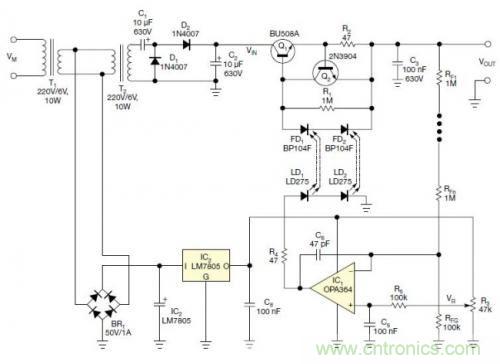 圖2:光耦將晶體管上的高電壓與運放輸出隔離