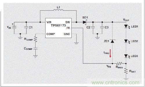 圖2:有開路保護(hù) LED驅(qū)動器電路