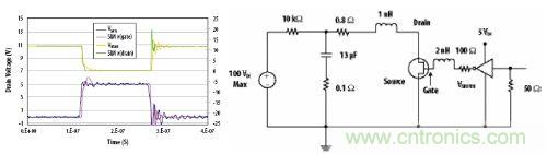 圖8:電路圖及EPC1001 TSPICE仿真結果與實際測量的電路性能的波形圖比較