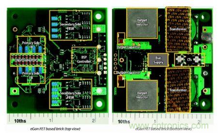 圖6:采用eGaN FET設計的48V至53V半磚PSE轉換器的頂視圖和底視圖(單位為英寸)。
