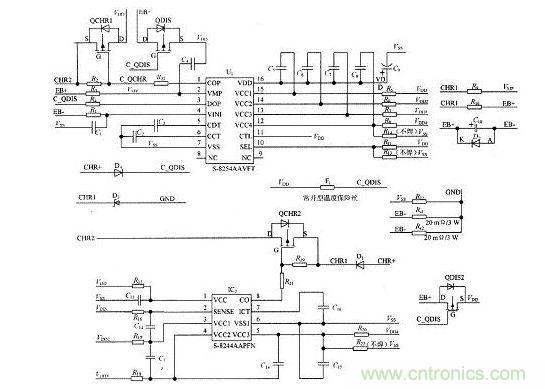 圖1為四節(jié)電池串聯(lián)使用時(shí)的保護(hù)系統(tǒng)原理圖