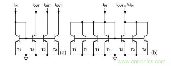 (a) 多級電流鏡 (b) 非整數(shù)比例電流鏡可將3個T2集電極結合起來,得到3IIN