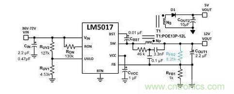 基于 LM5017 的 Fly-Buck 轉換器電路，沒有基于光耦合器的穩壓電路