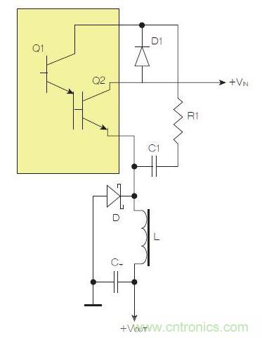 為了實現用兩個元器件提升電源轉換效率,芯片上應有針對驅動器晶體管Q1集電極的單獨引腳。