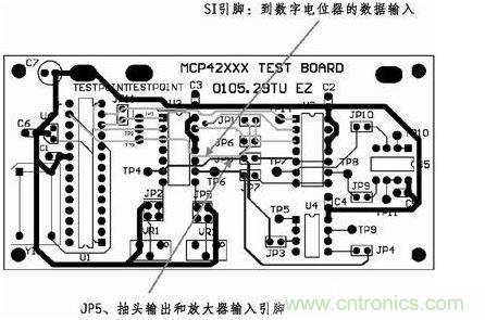 這是對圖2所示電路的第一次布線嘗試。此配置在模擬線路上產(chǎn)生不規(guī)律的噪聲,這是因為在特定數(shù)字走線上的數(shù)據(jù)輸入碼隨著數(shù)字電位器的編程需求而改變。