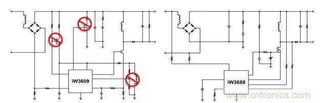 相比前代產(chǎn)品iW3609（左），iW3688（右）采用專利數(shù)字算法，完全消除了外部泄放電路、外部VCC電路和啟動(dòng)電路