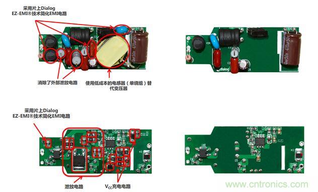 iW3688消除了20 多個(gè)外部元器件，降低BOM成本達(dá)20%~25%（左右分別為方案對(duì)比，上下為PCB正反面）