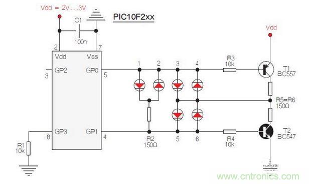 測試選擇PIC10F200,固件以兩個獨立、簡單的匯編程序源代碼的方式提供。