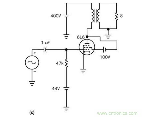 五極管(a)能輸出比三極管(b)大得多的功率,但采用升壓三極管配置除外(c)