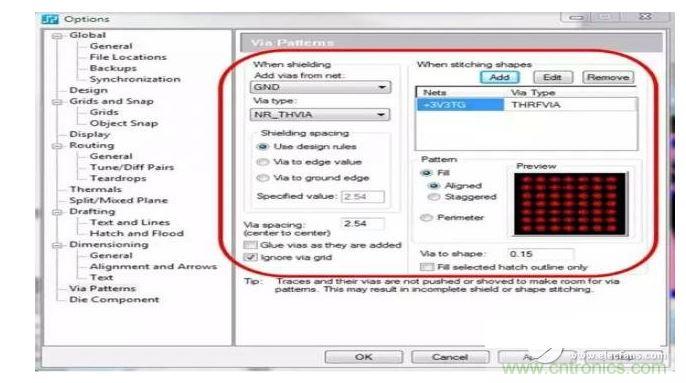 利用支持射頻設(shè)計(jì)的PCB 設(shè)計(jì)工具，您可以設(shè)置用于生成過孔模式的設(shè)計(jì)規(guī)則，并自動在您的設(shè)計(jì)中強(qiáng)制實(shí)施這些規(guī)則，從而節(jié)省您的時(shí)間和確保符合您的所有設(shè)計(jì)規(guī)則。