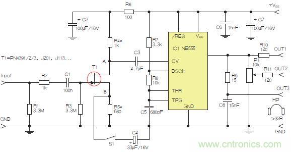圖2：含JFET輸入和NE555的耳機/線路驅動器。