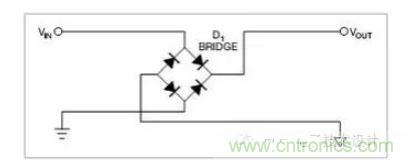 是一個橋式整流器,不論什么極性都可以正常工作,但是有兩個二極管導通,功耗是圖1的兩倍.