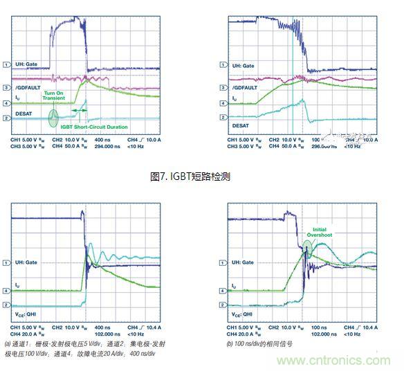 過流關斷時序延遲（通道1：柵極-發射極電壓10 V/div；通道2：來自 控制器的PWM信號5 V/div；通道3：低電平有效跳變信號5 V/div；100 ns/div）