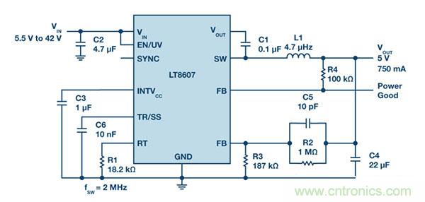 具2.5 μA靜態電流和超低EMI的42 V單片式同步降壓型穩壓器