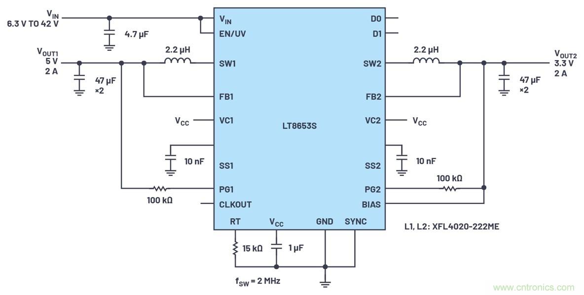 具有6.2 µA靜態電流的雙通道、42 V、2 A、單片、同步降壓型Silent Switcher 2穩壓器