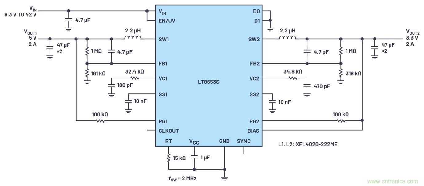 具有6.2 µA靜態電流的雙通道、42 V、2 A、單片、同步降壓型Silent Switcher 2穩壓器