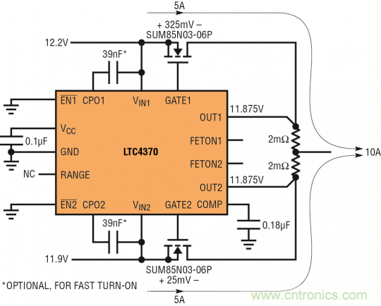 針對三個或四個電源的簡易平衡負載均分,即使電源電壓不等也絲毫不受影響