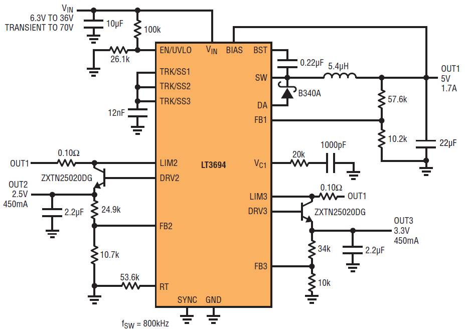 兩個(gè)低壓差線(xiàn)性穩(wěn)壓器創(chuàng)建極其緊湊的三路輸出解決方案 兩個(gè)低壓差線(xiàn)性穩(wěn)壓器創(chuàng)建極其緊湊的三路輸出解決方案