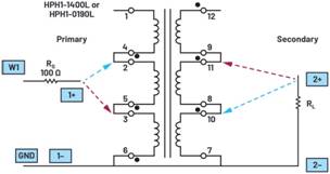   材料  ? ADALM2000主動(dòng)學(xué)習(xí)模塊 ? 無焊試驗(yàn)板和跳線套件 ? 一臺(tái)HPH1-1400L 6繞組變壓器 ? 一臺(tái)HPH1-0190L 6繞組變壓器 ? 兩個(gè)100 Ω電阻  說明  在無焊試驗(yàn)板上構(gòu)建圖2所示的電路。需要使用此設(shè)置來測(cè)量初級(jí)/次級(jí)匝數(shù)比為1:1的三種不同配置下，兩個(gè)變壓器型號(hào)各自的頻率響應(yīng)。兩個(gè)紅色箭頭表示在初級(jí)和次級(jí)使用同一個(gè)線圈的配置中連接源電阻和負(fù)載電阻的位置。藍(lán)色箭頭對(duì)應(yīng)的是在初級(jí)和次級(jí)使用兩個(gè)串聯(lián)線圈的配置。綠色箭頭對(duì)應(yīng)的是在初級(jí)和次級(jí)使用三個(gè)串聯(lián)線圈的配置。